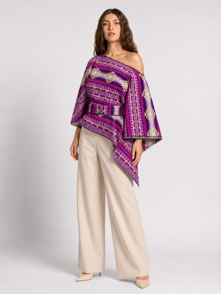 Kulli poncho blusa - un hombro con faja, tres cuartos