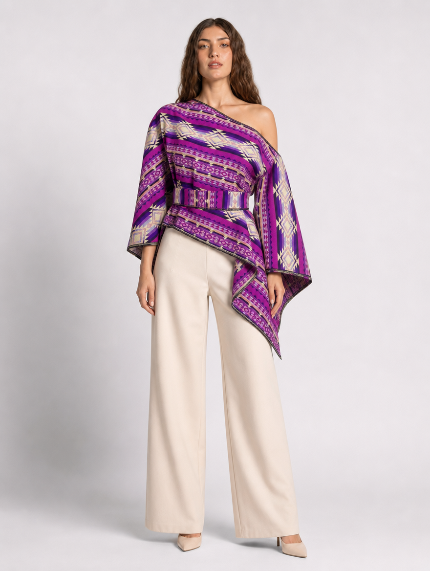 Kulli poncho blusa - un hombro con faja, frontal
