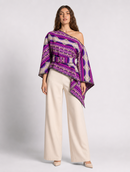 Kulli poncho blusa - un hombro con faja, frontal