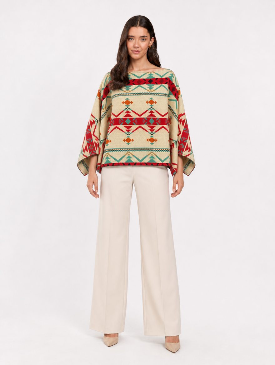 PARWA poncho blusa doble faz - cara crema en cuello barco, frontal