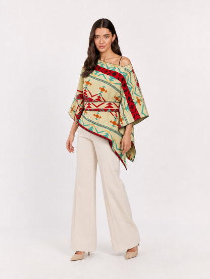 PARWA poncho blusa doble faz - cara crema con fajon, tres cuartos