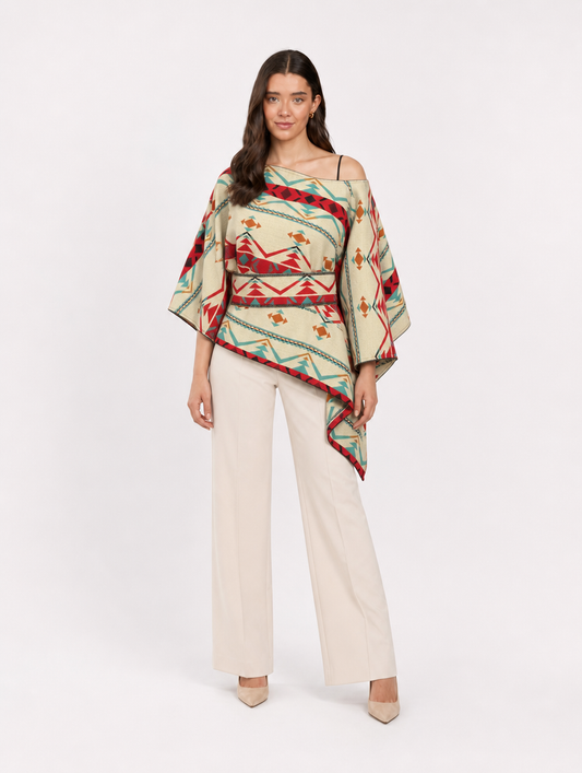 PARWA poncho blusa doble faz - cara crema con fajon, frontal