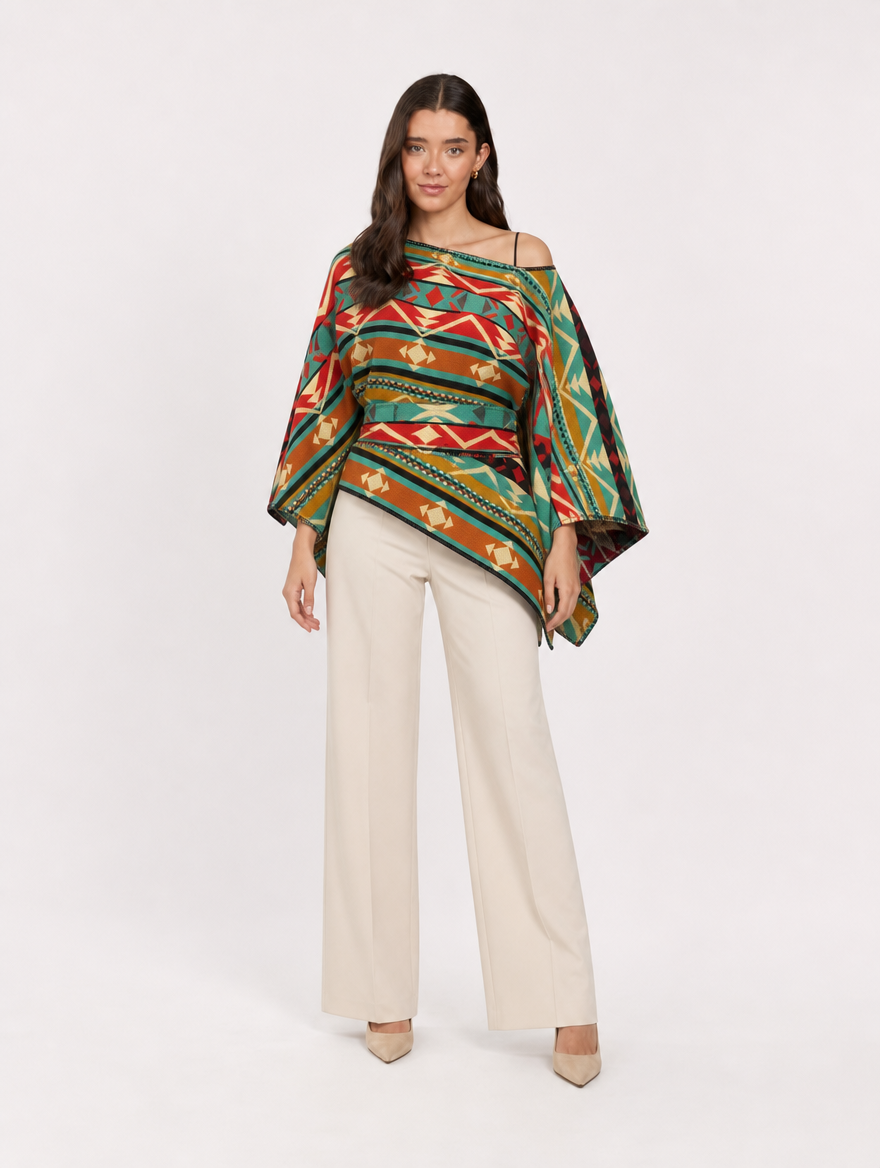 PARWA poncho blusa doble faz - cara multicolor con fajon, frontal