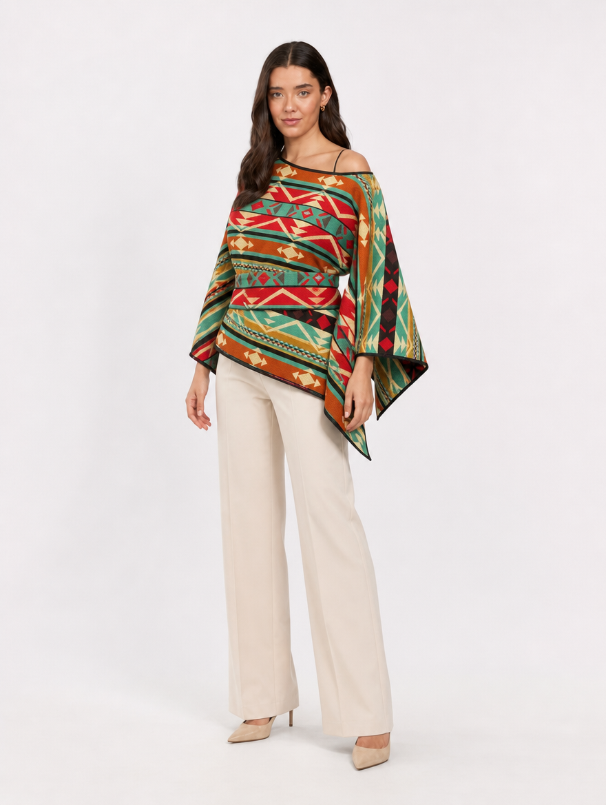 PARWA poncho blusa doble faz - cara multicolor con fajon, tres cuartos