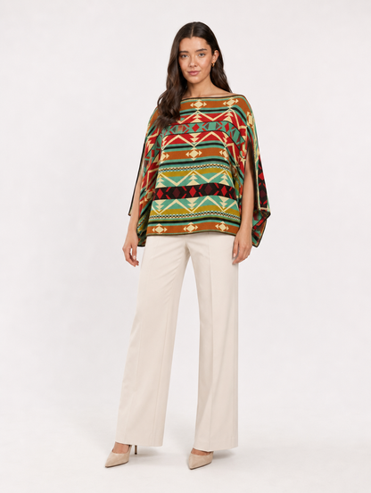PARWA poncho blusa doble faz - cara multicolor en cuello barco, tres cuartos