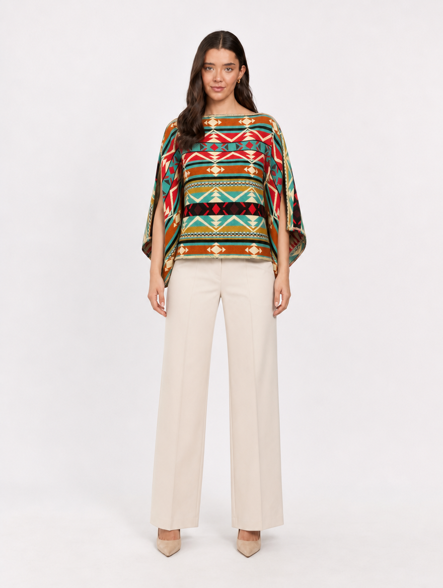 PARWA poncho blusa doble faz - cara multicolor en cuello barco, frontal
