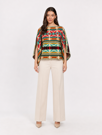 PARWA poncho blusa doble faz - cara multicolor en cuello barco, frontal