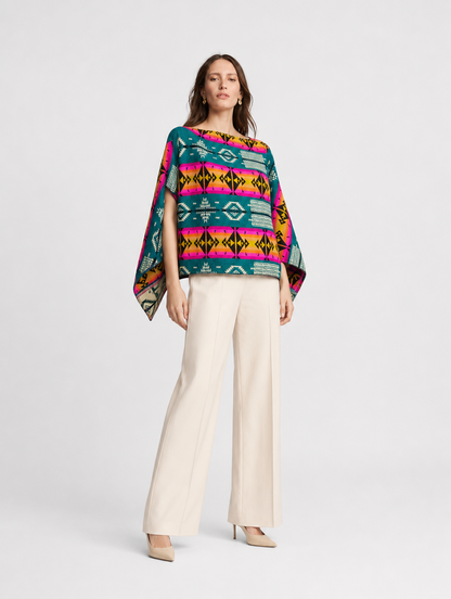 SISA poncho blusa doble faz - cara turquesa en cuello barco, tres cuartos
