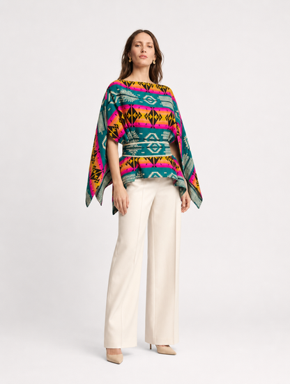 SISA poncho blusa doble faz - cara turquesa con fajon, tres cuartos