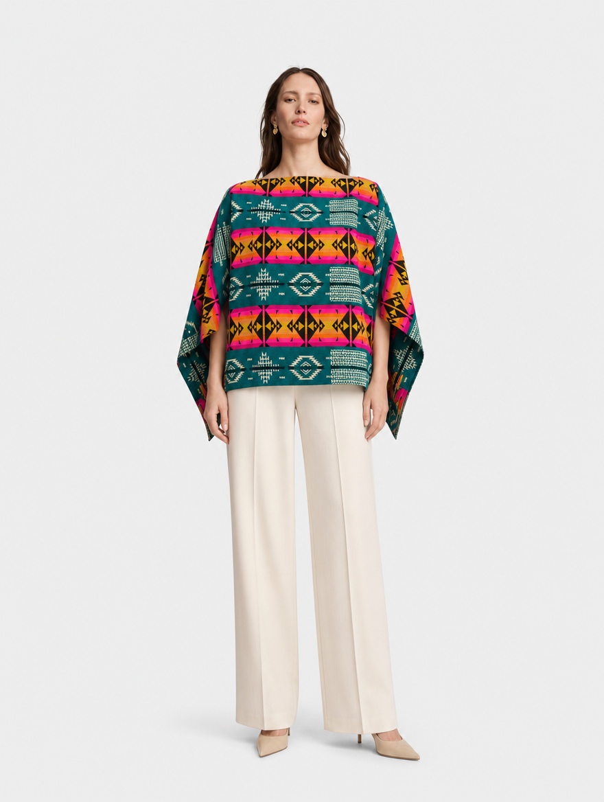 SISA poncho blusa doble faz - cara turquesa en cuello barco, frontal