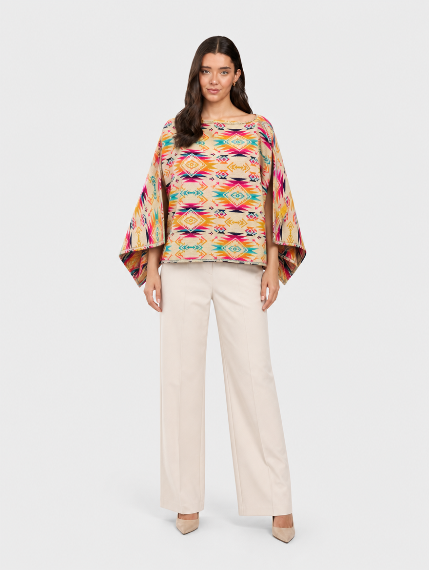 CHIRAPA poncho blusa doble faz - cara clara en cuello barco, frontal