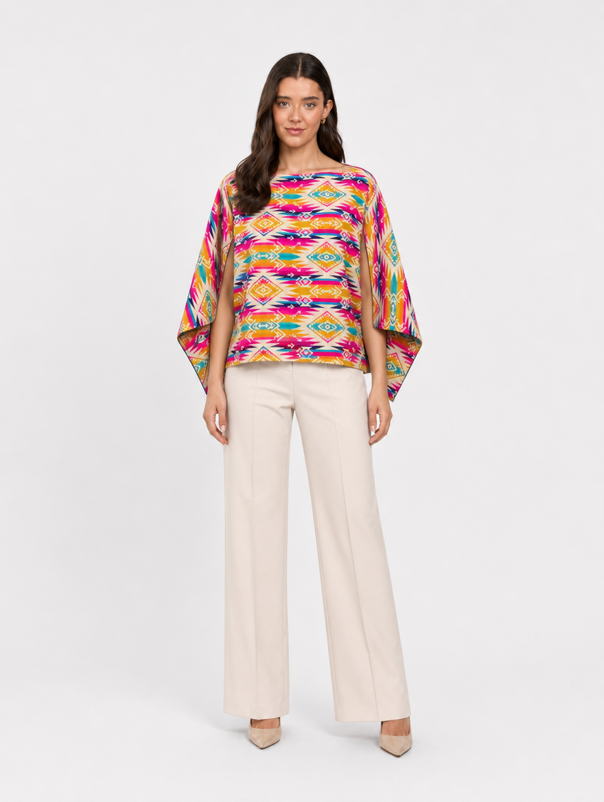 CHIRAPA poncho blusa doble faz - cara vivida en cuello barco, frontal