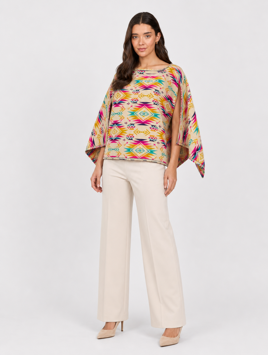 CHIRAPA poncho blusa doble faz - cara clara en cuello barco, tres cuartos