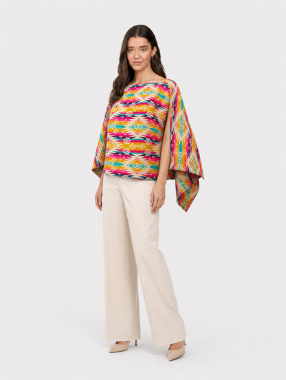 CHIRAPA poncho blusa doble faz - cara vivida en cuello barco, tres cuartos