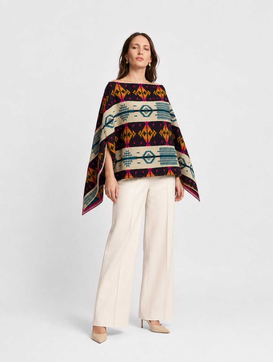 SISA poncho blusa doble faz - cara crema en cuello barco, tres cuartos