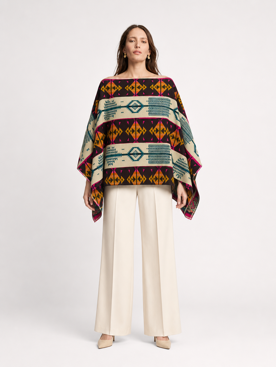 SISA poncho blusa doble faz - cara crema en cuello barco, frontal