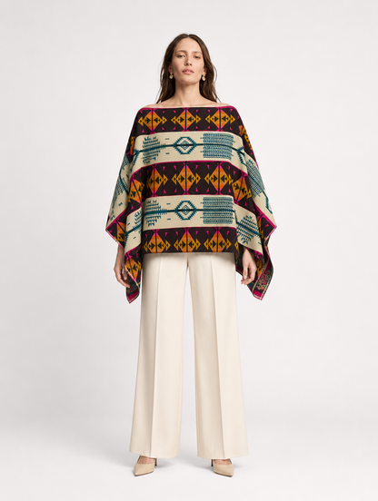 SISA poncho blusa doble faz - cara crema en cuello barco, frontal