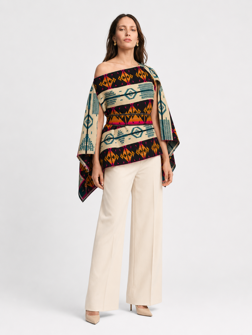 SISA poncho blusa doble faz - cara crema con fajon, tres cuartos
